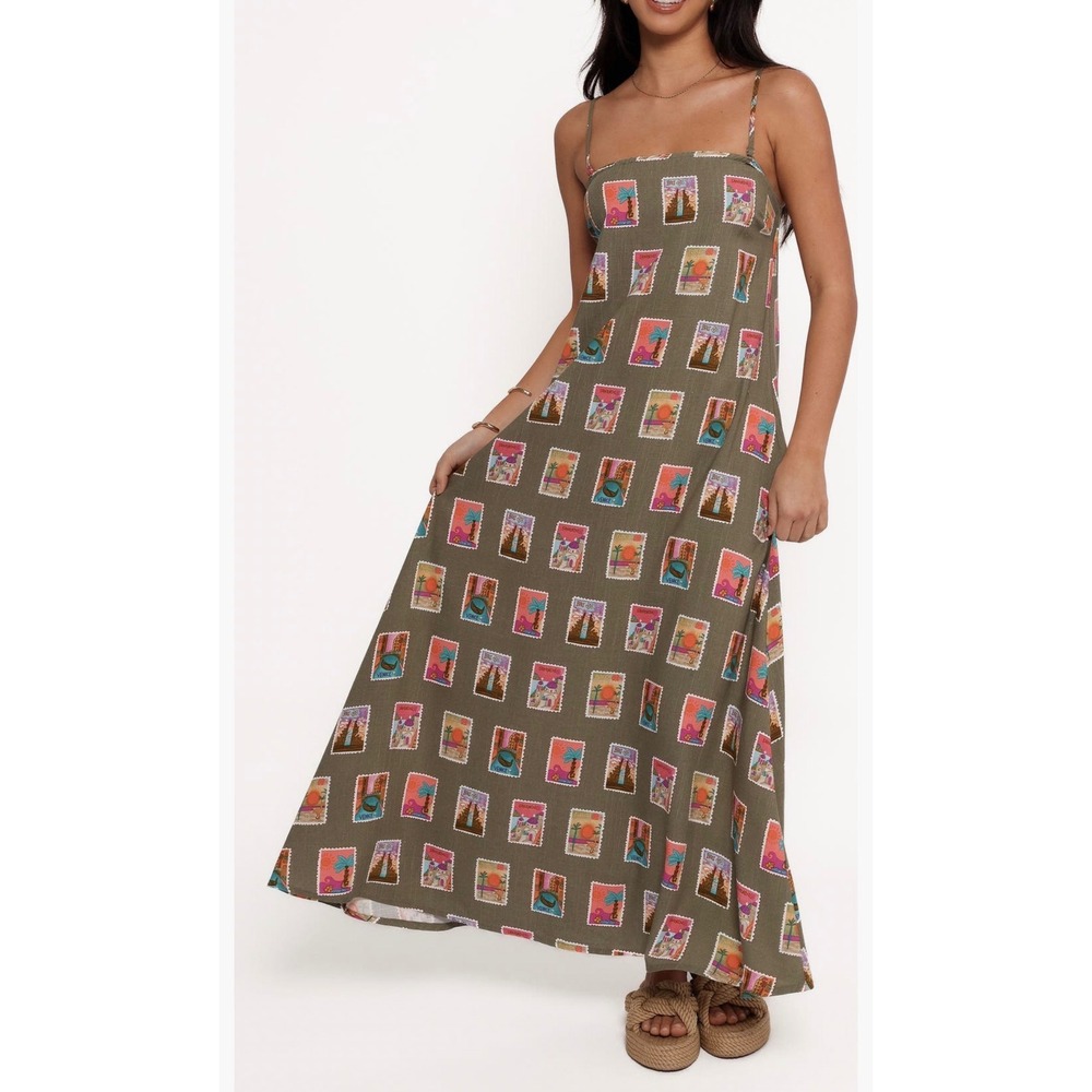 Petal and Pup Aoife Postcard Print Maxi Dress Olive Green XL Vacation Boho